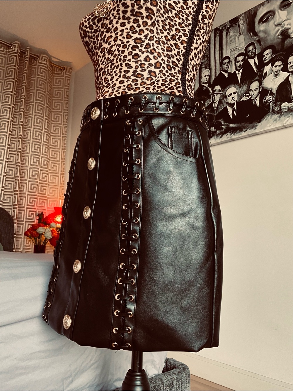Fashion Nova Luxe Black Faux Leather Mini Skirt with Big Gold Buttons - Picture 11 of 11
